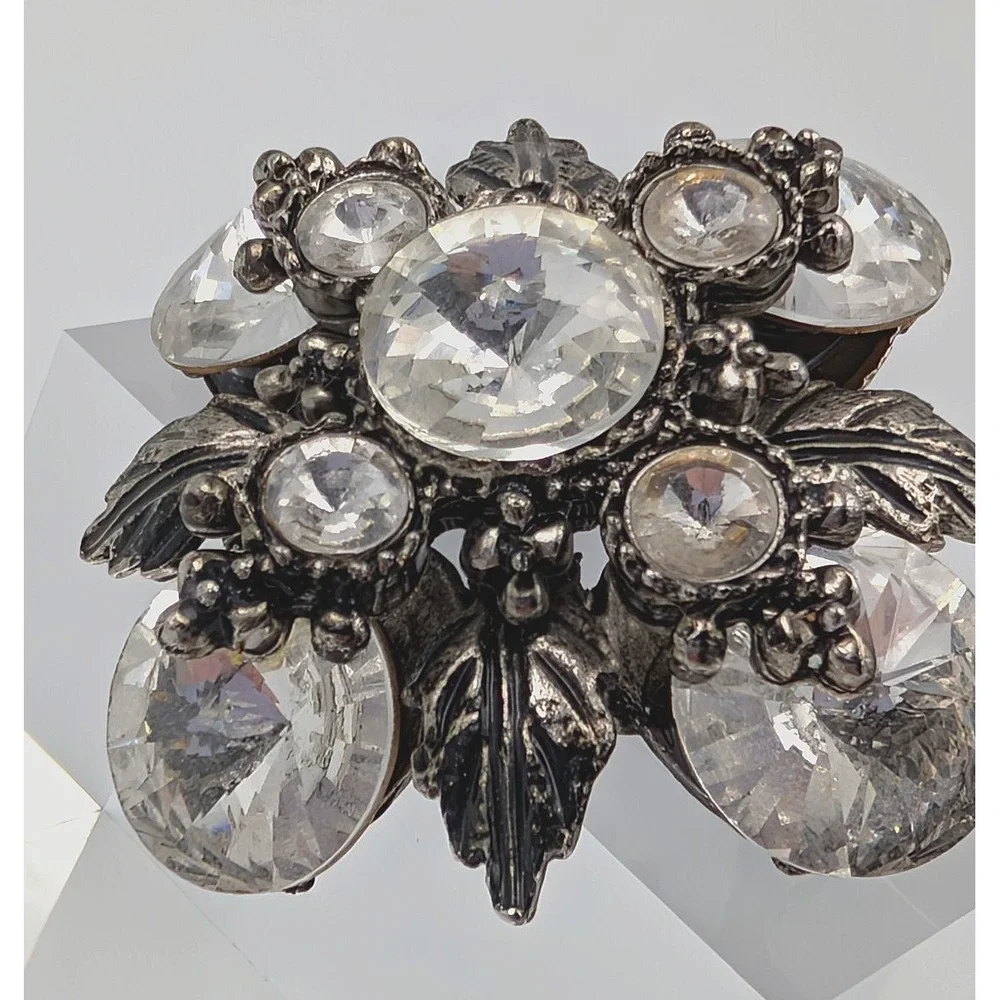 VTG Silver Tone Snowflake Leaf‎ Pendant Brooch Clear Rhinestone Flower Statement